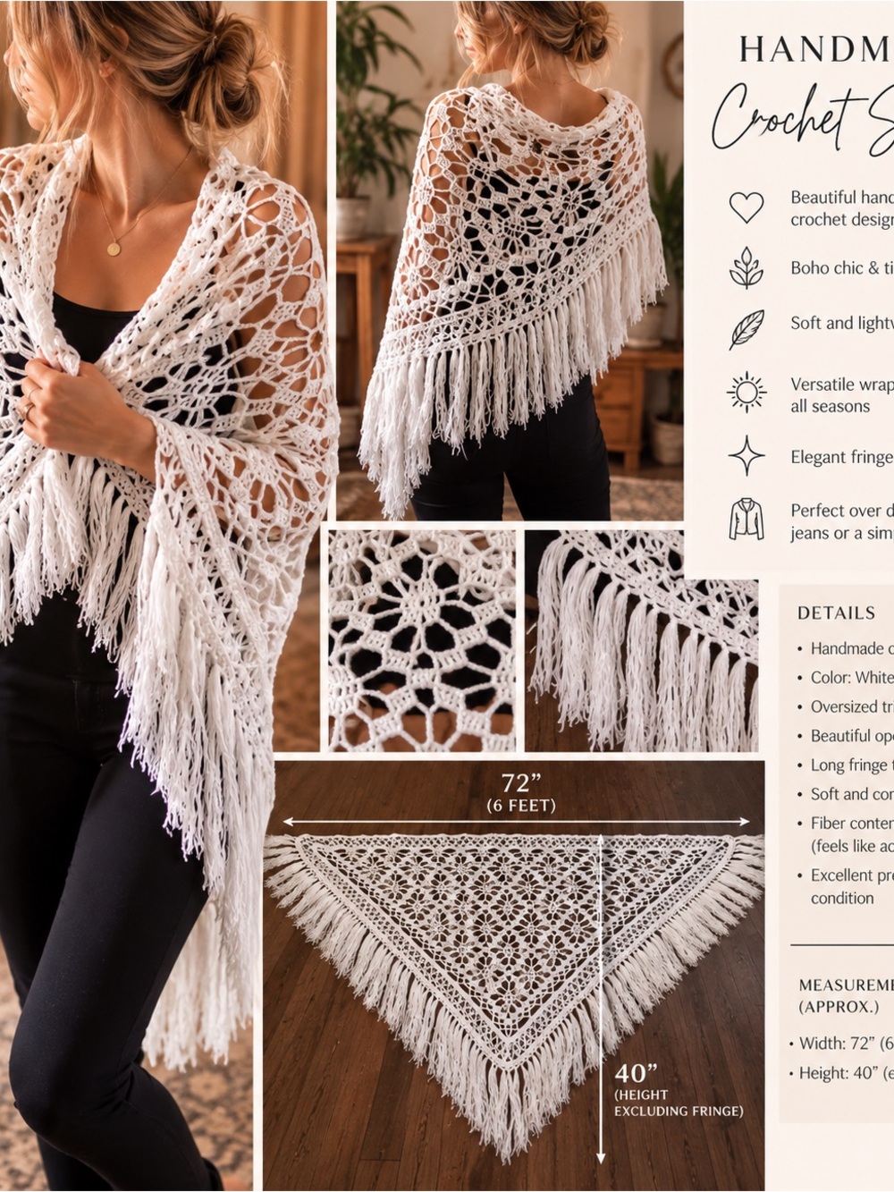 Handmade White Crochet Shawl – Boho Chic Fringe Wrap – Oversized